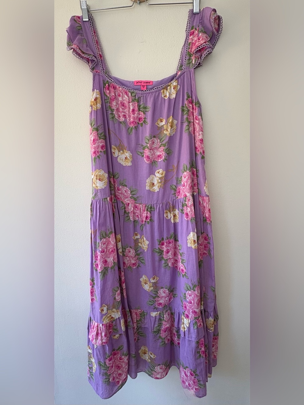 Betsey Johnson Lavender Floral Maxi Dress Ruffle Strap Tiered M